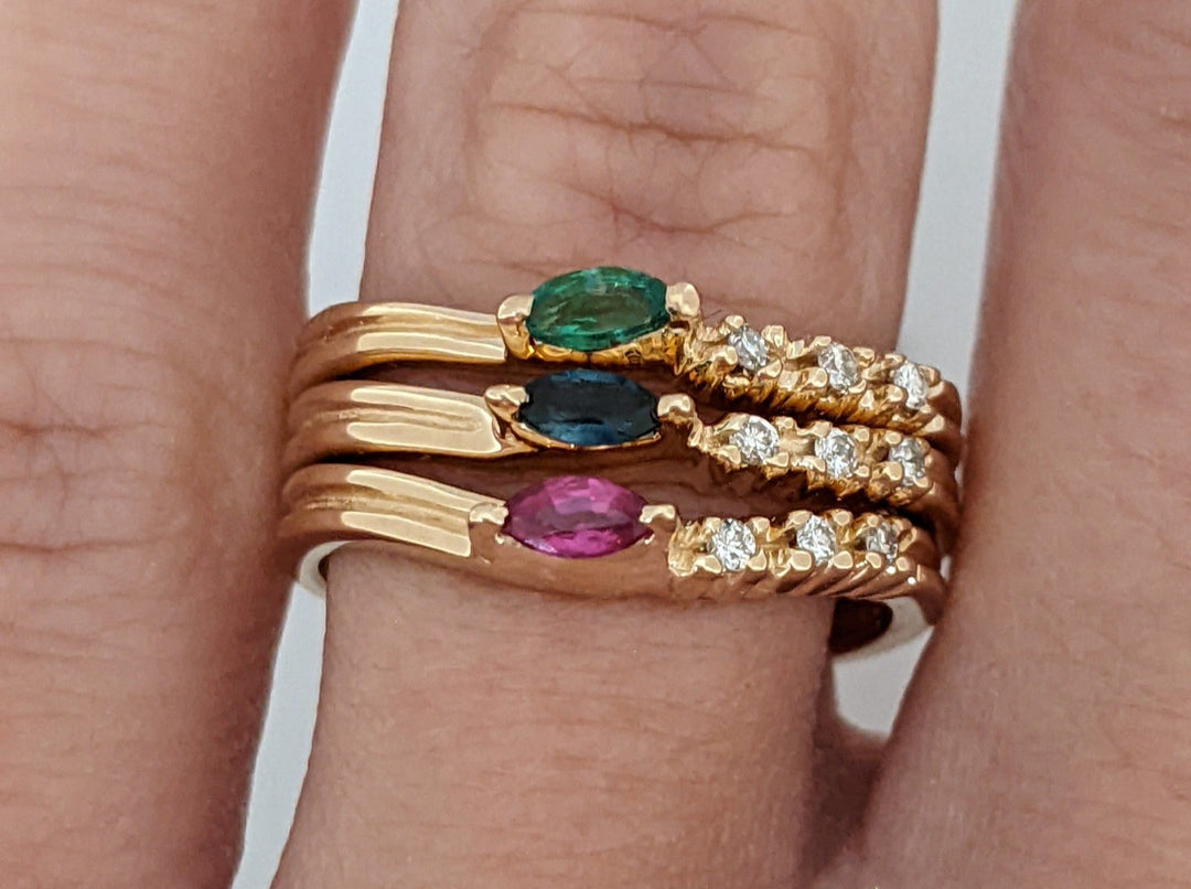 14K EMERLAD, RUBY, SAPPHIRE MARQUISE 2X4 WITH THREE DIAMONDS STACKABLE RINGS 5.8 GRAMS