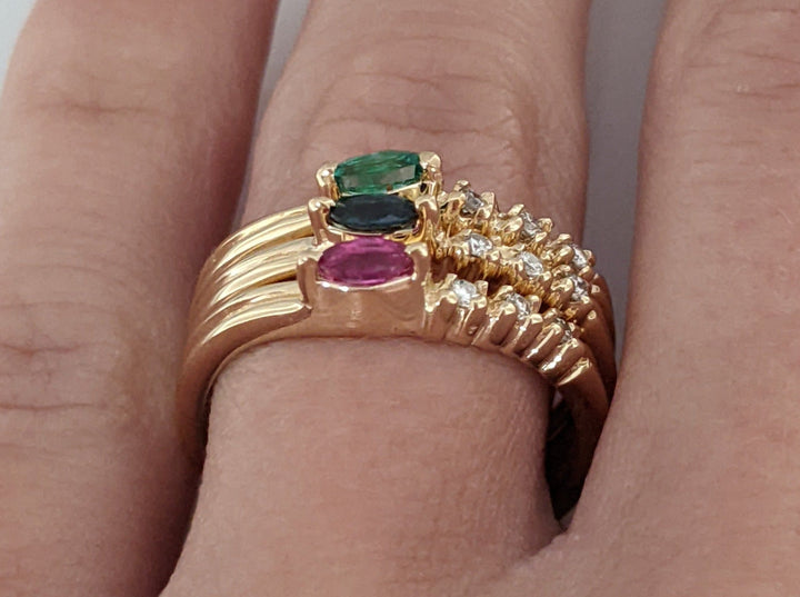 14K EMERLAD, RUBY, SAPPHIRE MARQUISE 2X4 WITH THREE DIAMONDS STACKABLE RINGS 5.8 GRAMS