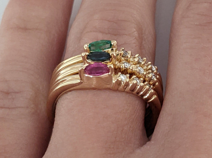 14K EMERALD, RUBY, SAPPHIRE MARQUISE 2X4 WITH (3) MELEE STACKABLE ESTATE RINGS 5.9 GRAMS