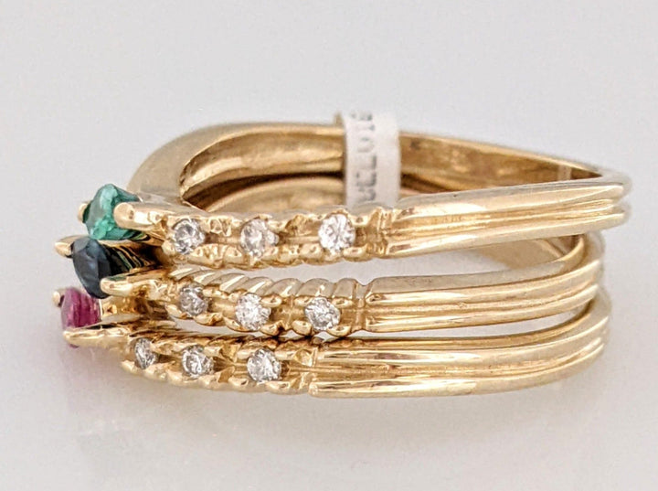 14K EMERALD, RUBY, SAPPHIRE MARQUISE 2X4 WITH (3) MELEE STACKABLE ESTATE RINGS 5.9 GRAMS