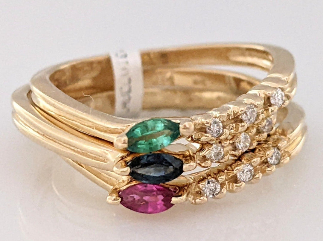 14K EMERLAD, RUBY, SAPPHIRE MARQUISE 2X4 WITH THREE DIAMONDS STACKABLE RINGS 5.8 GRAMS