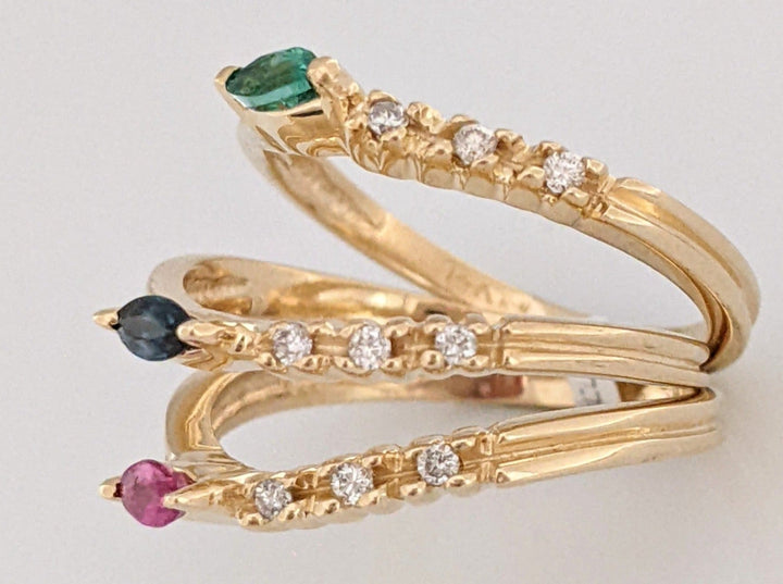 14K EMERALD, RUBY, SAPPHIRE MARQUISE 2X4 WITH (3) MELEE STACKABLE ESTATE RINGS 5.9 GRAMS