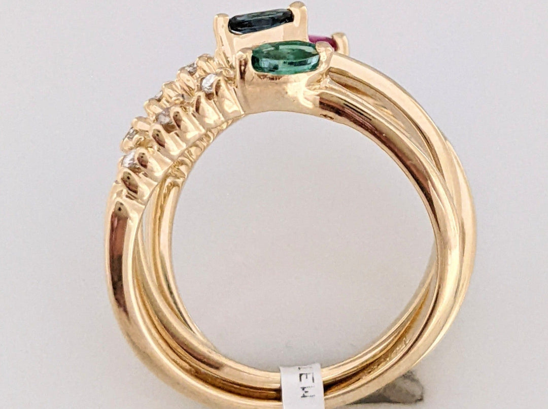 14K EMERLAD, RUBY, SAPPHIRE MARQUISE 2X4 WITH THREE DIAMONDS STACKABLE RINGS 5.8 GRAMS