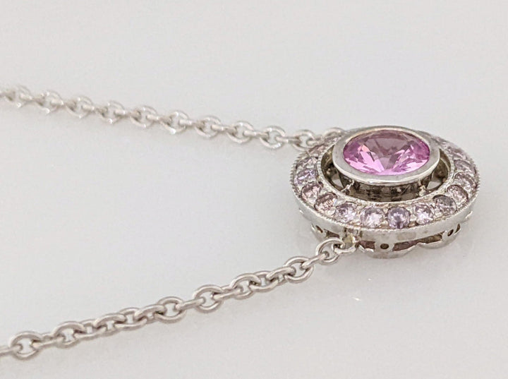 14K WHITE PINK SAPPHIRE ROUND 5.5MM WITH .21DTW ESTATE NECKLACE 4.1 GRAMS