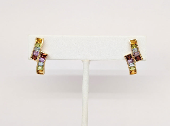 14K GARNET, AMETHYST, BLUE TOPAZ, PERIDOT, CITRINE, EMERALD CUT 2X3 (20) ESTATE EARRINGS 3.0 GRAMS