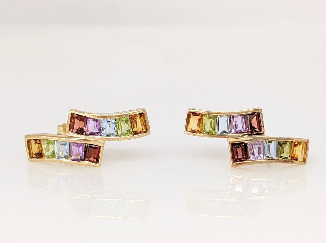 14K GARNET, AMETHYST, BLUE TOPAZ, PERIDOT, CITRINE, EMERALD CUT 2X3 (20) ESTATE EARRINGS 3.0 GRAMS