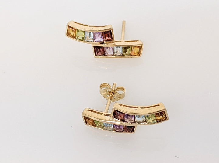 14K GARNET, AMETHYST, BLUE TOPAZ, PERIDOT, CITRINE, EMERALD CUT 2X3 (20) ESTATE EARRINGS 3.0 GRAMS