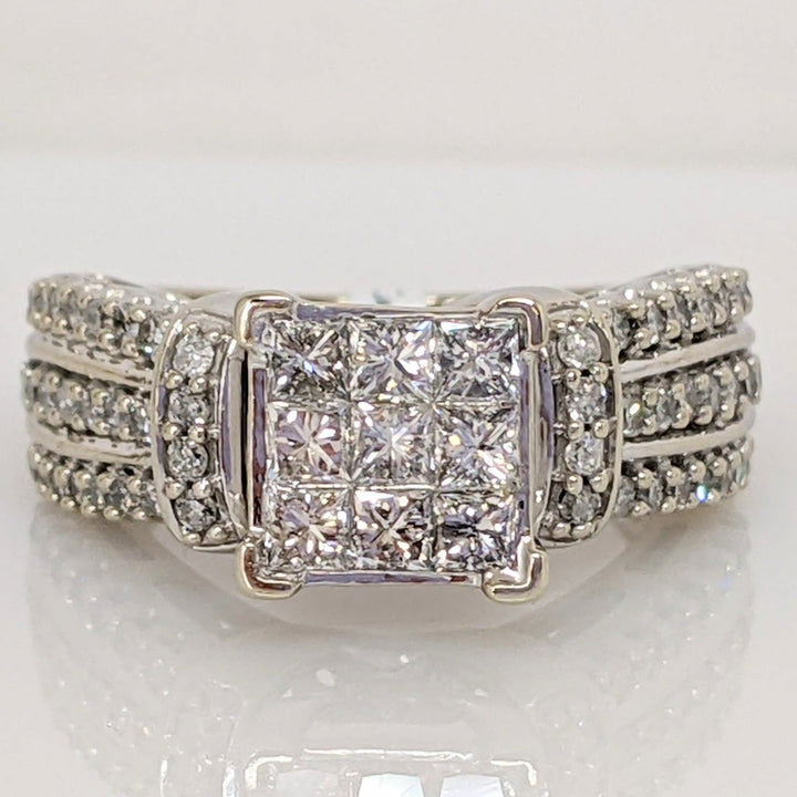 10K WHITE 1.00 CARAT TOTAL WEIGHT I1 H DIAMOND PRINCESS CUT (9) CENTER WITH (50) MELEE ESTATE RING 6.1 GRAMS