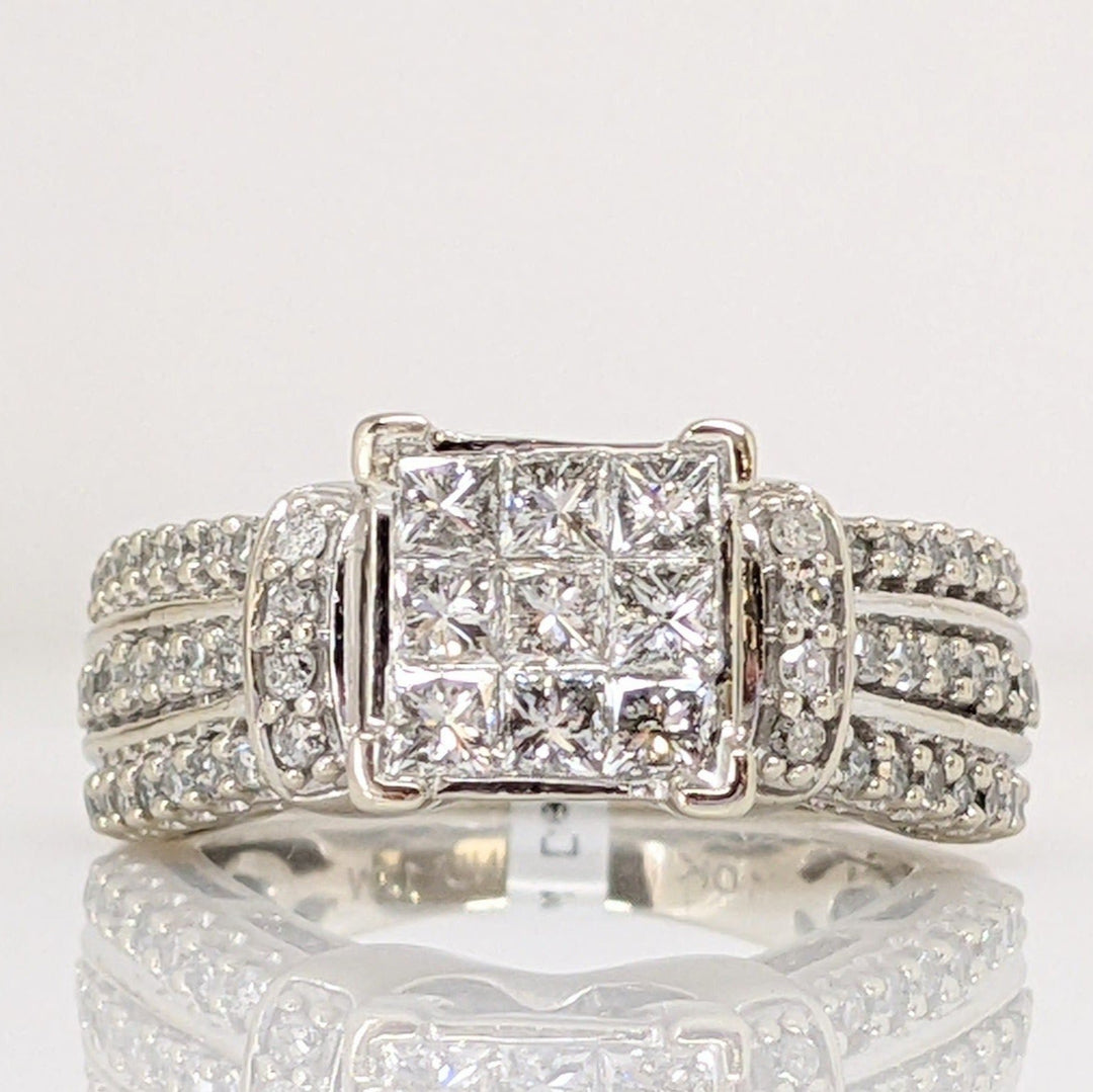 10K WHITE 1.00 CARAT TOTAL WEIGHT I1 H DIAMOND PRINCESS CUT (9) CENTER WITH (50) MELEE ESTATE RING 6.1 GRAMS