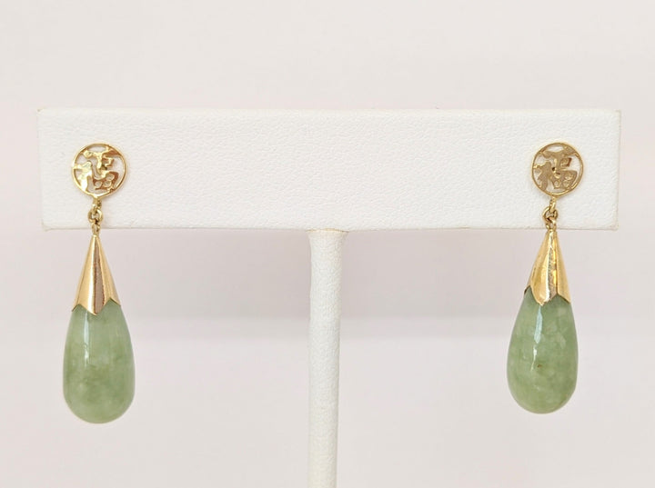 14K JADE DROP DANGLE ESTATE EARRINGS 4.4 GRAMS