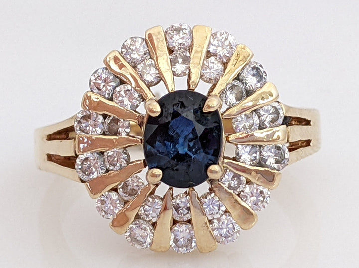 14K SAPPHIRE OVAL 5X6.4MM WITH .70 DIAMOND TOTAL WEIGHT (28) ROUND CLUSTER ESTATE RING 6.8 GRAMS