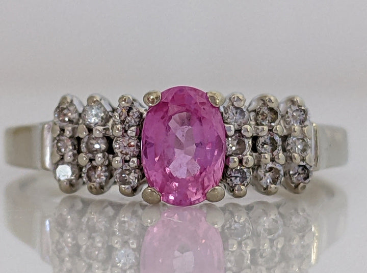 14K WHITE PINK SAPPHIRE OVAL (1) 4X6 WITH/.27DTW ESTATE RING 2.7 GRAMS