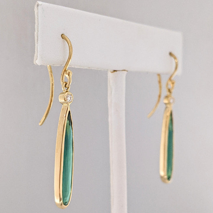 18K GREEN TOURMALINE PEAR 4X23 WITH .10DTW (2) ESTATE DANGLE EARRINGS 5.1 GRAMS