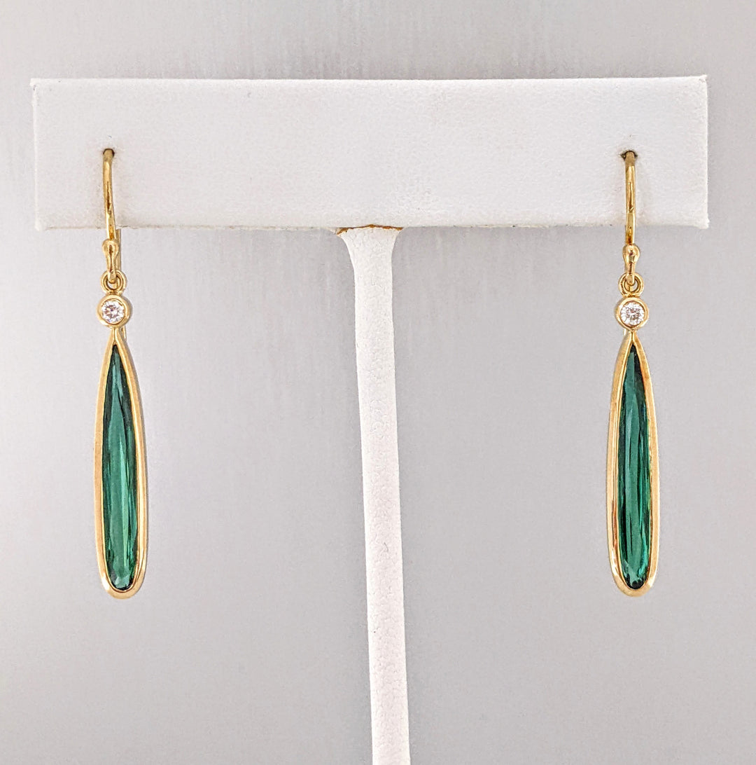 18K GREEN TOURMALINE PEAR 4X23 WITH .10DTW (2) ESTATE DANGLE EARRINGS 5.1 GRAMS