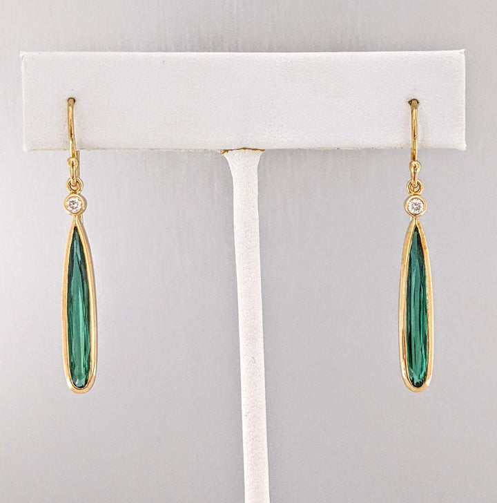 18K GREEN TOURMALINE PEAR 4X23 WITH .10DTW (2) ESTATE DANGLE EARRINGS 5.1 GRAMS