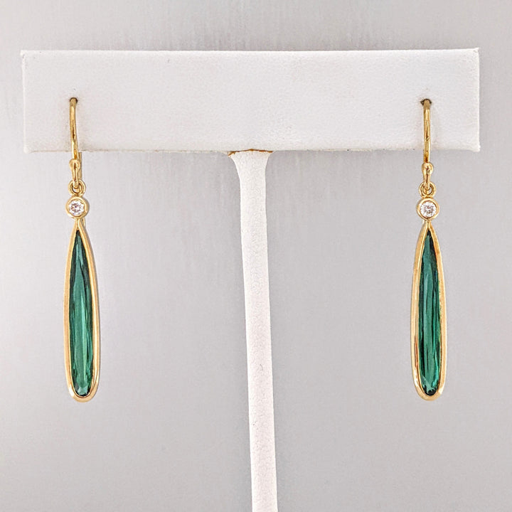 18K GREEN TOURMALINE PEAR 4X23 WITH .10DTW (2) ESTATE DANGLE EARRINGS 5.1 GRAMS