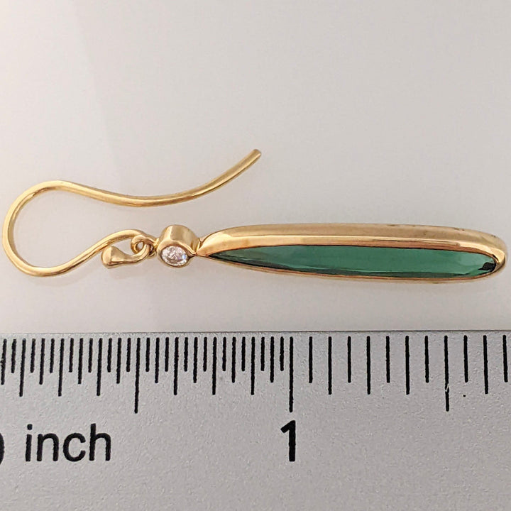18K GREEN TOURMALINE PEAR 4X23 WITH .10DTW (2) ESTATE DANGLE EARRINGS 5.1 GRAMS