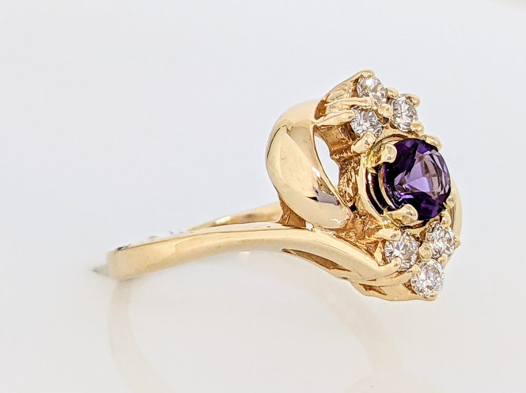 14K AMETHYST ROUND 5MM WITH .30 DIAMOND TOTAL WEIGHT ESTATE RING 4.2 GRAMS