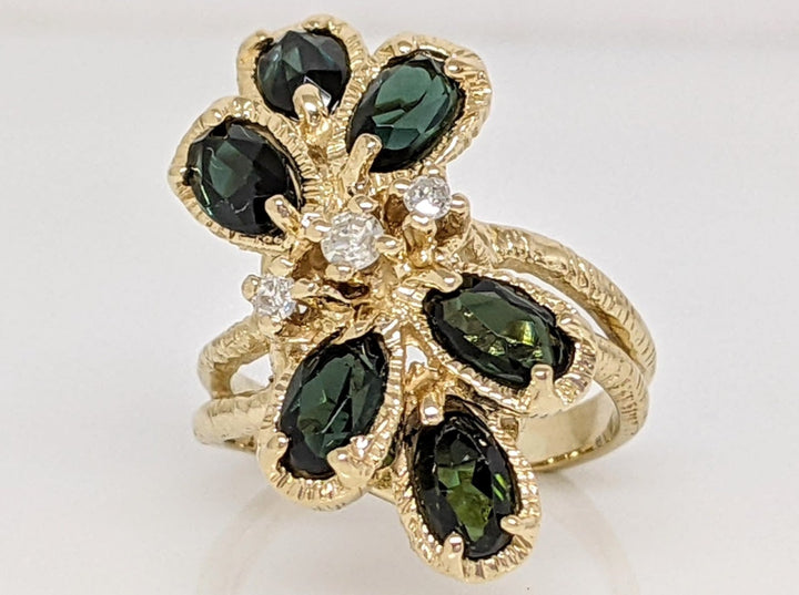 14K GREEN TOURMALINE OVAL (6) 3X5 WITH (3) MELEE ESTATE CLUSTER RING 4.5 GRAMS