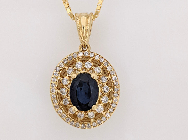 14K SAPPHIRE OVAL 6X8 WITH .67 DIAMOND TOTAL WEIGHT ESTATE PENDANT & CHAIN 8.4 GRAMS