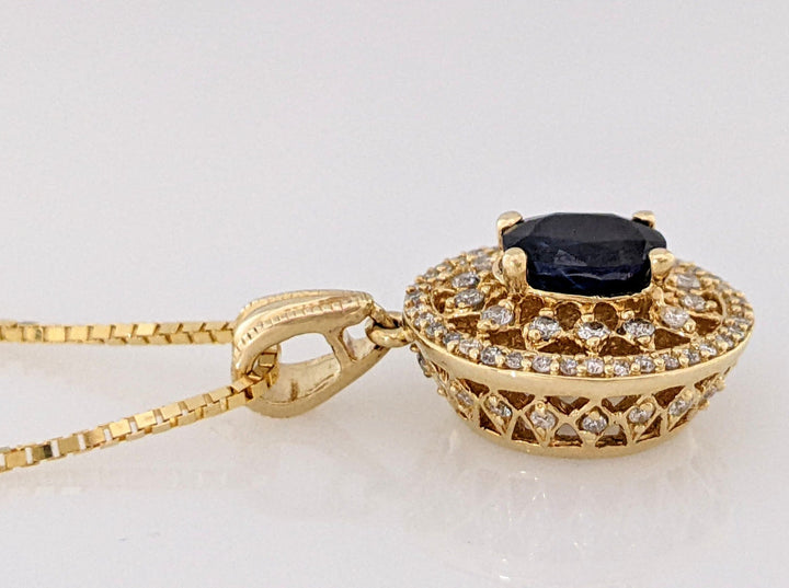 14K SAPPHIRE OVAL 6X8 WITH .67 DIAMOND TOTAL WEIGHT ESTATE PENDANT & CHAIN 8.4 GRAMS