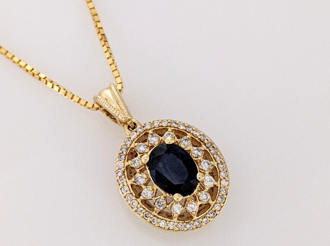 14K SAPPHIRE OVAL 6X8 WITH .67 DIAMOND TOTAL WEIGHT ESTATE PENDANT & CHAIN 8.4 GRAMS