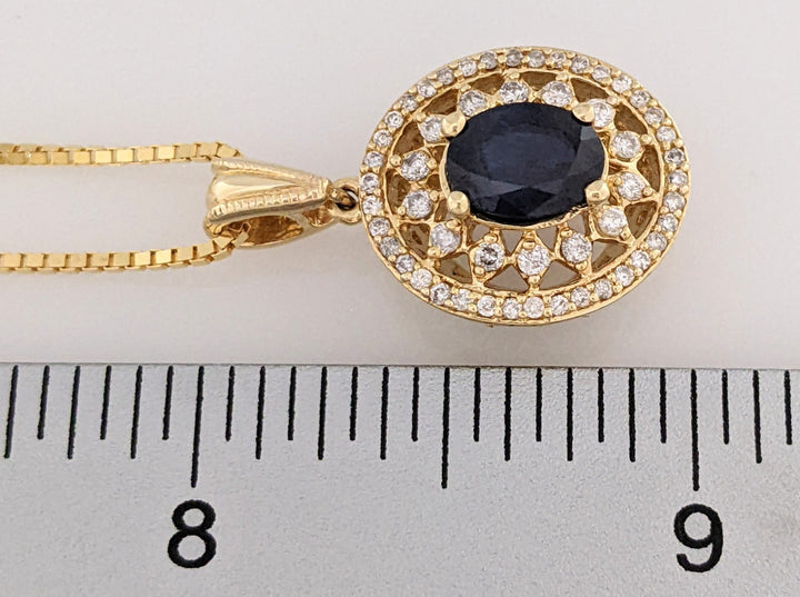 14K SAPPHIRE OVAL 6X8 WITH .67 DIAMOND TOTAL WEIGHT ESTATE PENDANT & CHAIN 8.4 GRAMS