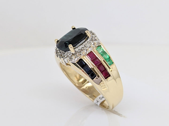 14K SAPPHIRE OVAL 7X9 WITH PRINCESS CUT (6) EMERALD (8) RUBY (6) SAPPHIRE ESTATE RING 4.8 GRAMS