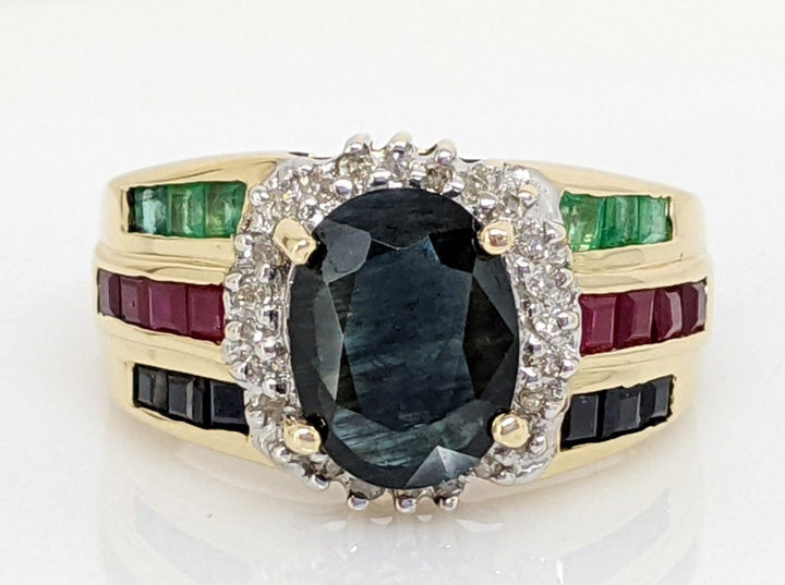 14K SAPPHIRE OVAL 7X9 WITH PRINCESS CUT (6) EMERALD (8) RUBY (6) SAPPHIRE ESTATE RING 4.8 GRAMS