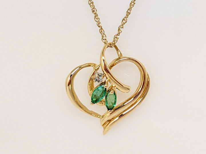 14K EMERALD MARQUISE (2) 2.5X5 WITH MELEE ESTATE PENDANT & CHAIN 2.7 GRAMS