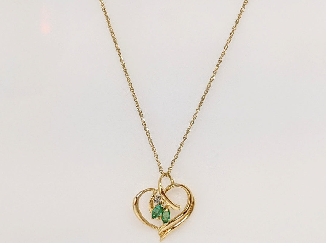 14K EMERALD MARQUISE (2) 2.5X5 WITH MELEE ESTATE PENDANT & CHAIN 2.7 GRAMS