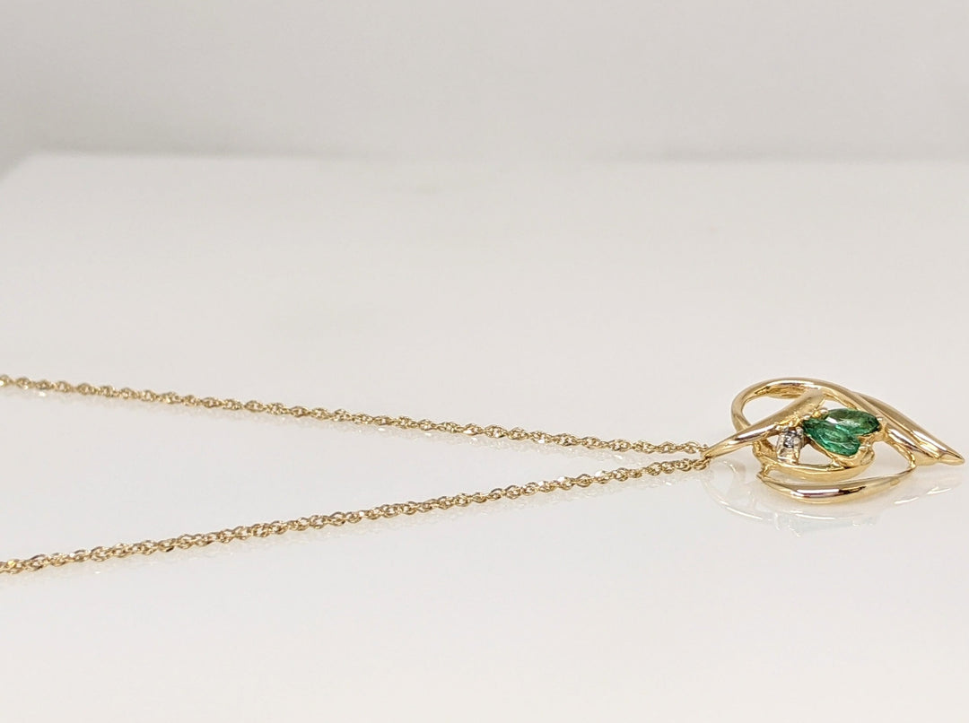 14K EMERALD MARQUISE (2) 2.5X5 WITH MELEE ESTATE PENDANT & CHAIN 2.7 GRAMS