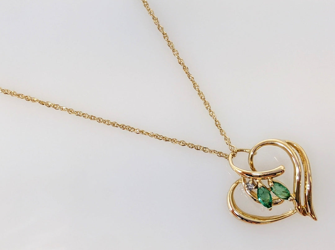 14K EMERALD MARQUISE (2) 2.5X5 WITH MELEE ESTATE PENDANT & CHAIN 2.7 GRAMS