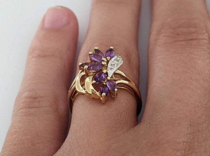 10K AMETHYST MARQUISE 2X4 (8) WITH MELEE ESTATE RING 2.2 GRAMS