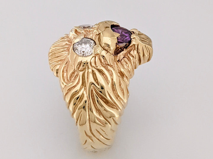 14K .66CTW SI2-I1 J DIAMOND ROUND (2) WITH 5.5MM AMETHYST LION ESTATE RING 15.3 GRAMS