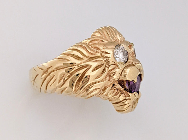 14K .66CTW SI2-I1 J DIAMOND ROUND (2) WITH 5.5MM AMETHYST LION ESTATE RING 15.3 GRAMS