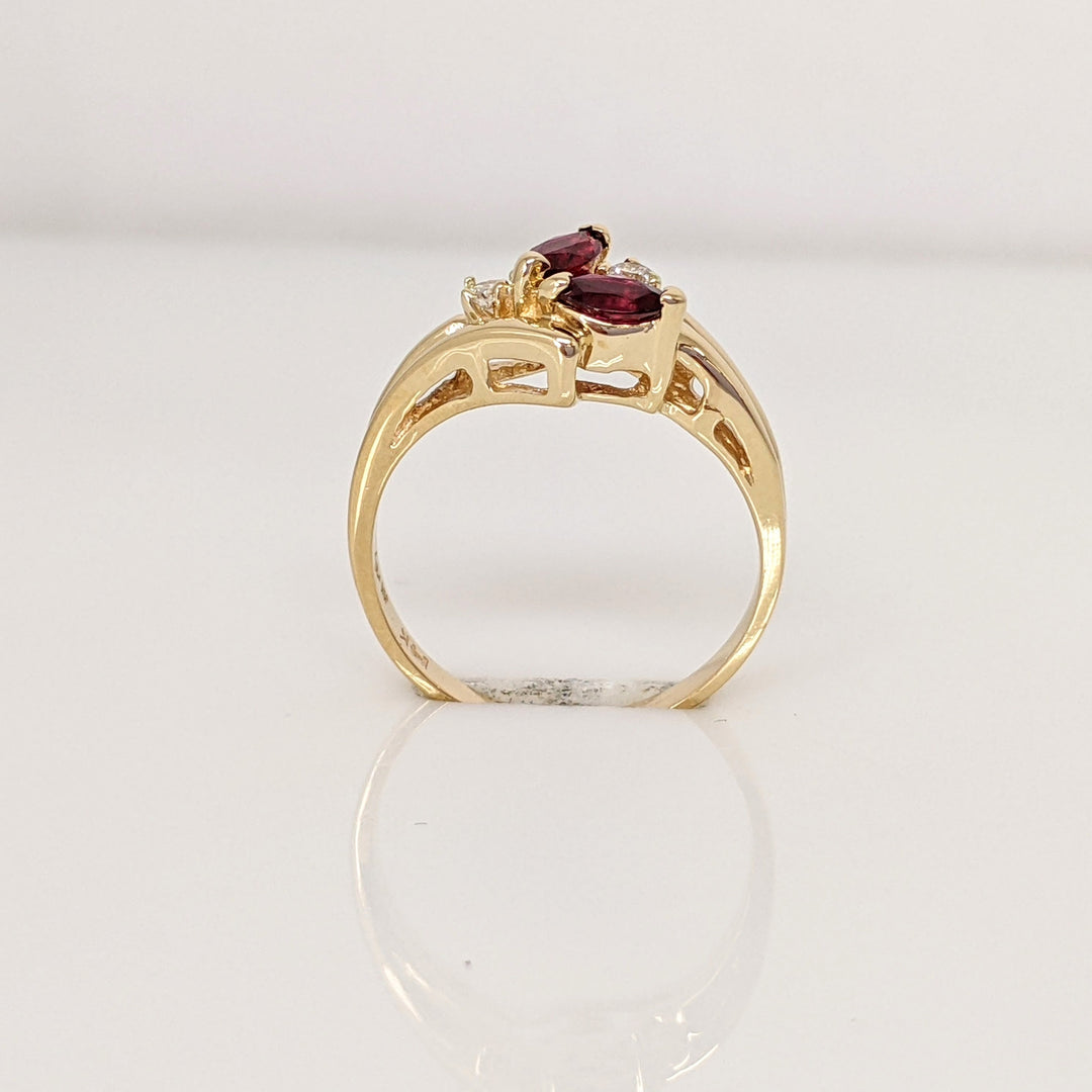 14K RUBY MARQUISE (2) 2.5X5 WITH (2) MELEE ESTATE RING 2.2 GRAMS