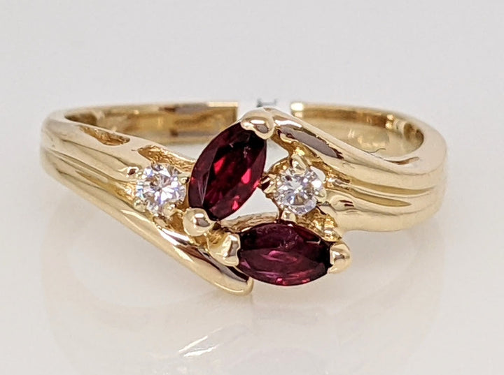 14K RUBY MARQUISE (2) 2.5X5 WITH (2) MELEE ESTATE RING 2.2 GRAMS