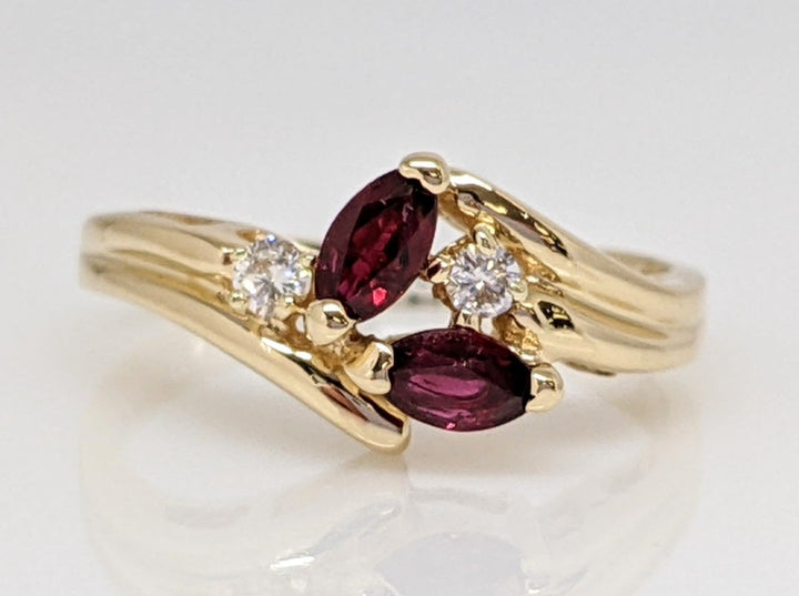 14K RUBY MARQUISE (2) 2.5X5 WITH (2) MELEE ESTATE RING 2.2 GRAMS