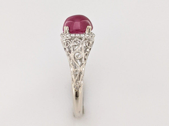 14K WHITE RUBY ROUND CABACHON 7.5MM WITH .12 DIAMOND TOTAL WEIGHT ESTATE RING 2.7 GRAMS