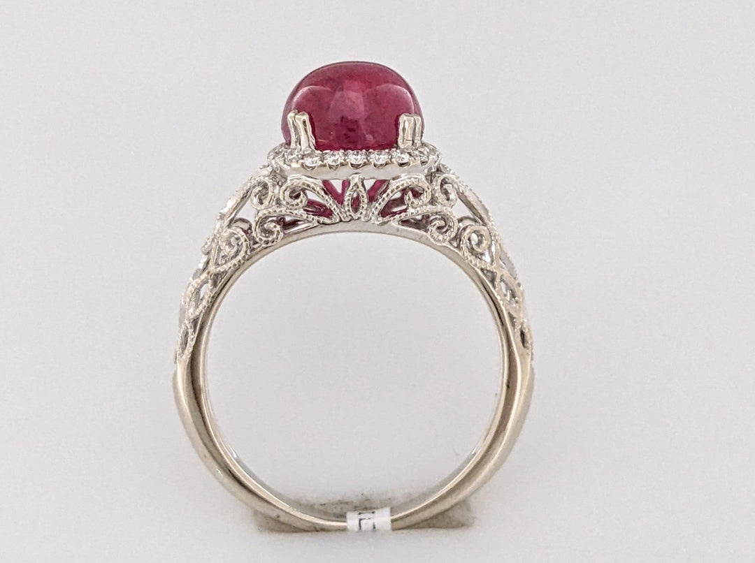 14K WHITE RUBY ROUND CABACHON 7.5MM WITH .12 DIAMOND TOTAL WEIGHT ESTATE RING 2.7 GRAMS