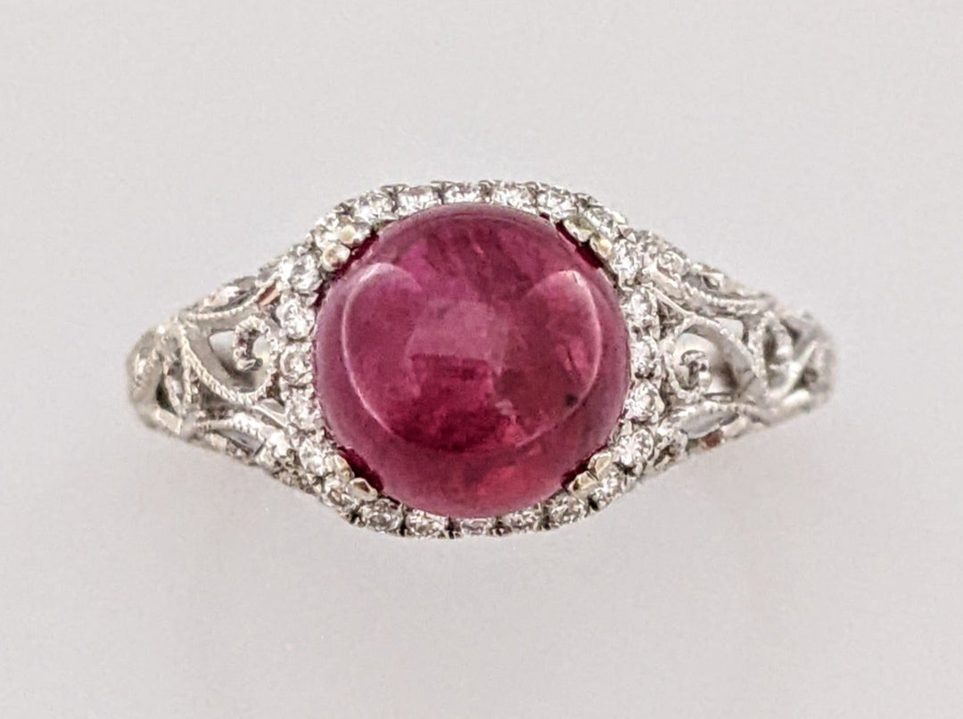 14K WHITE RUBY ROUND CABACHON 7.5MM WITH .12 DIAMOND TOTAL WEIGHT ESTATE RING 2.7 GRAMS