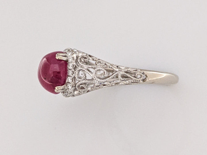 14K WHITE RUBY ROUND CABACHON 7.5MM WITH .12 DIAMOND TOTAL WEIGHT ESTATE RING 2.7 GRAMS