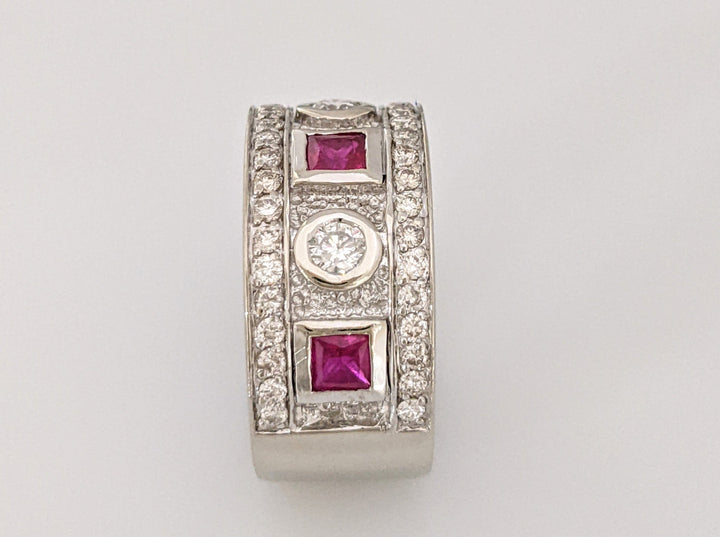 14K WHITE RUBY PRINCESS CUT (3) 3.5MM WITH .90 DIAMOND TOTAL WEIGHT ESTATE BAND 8.9 GRAMS