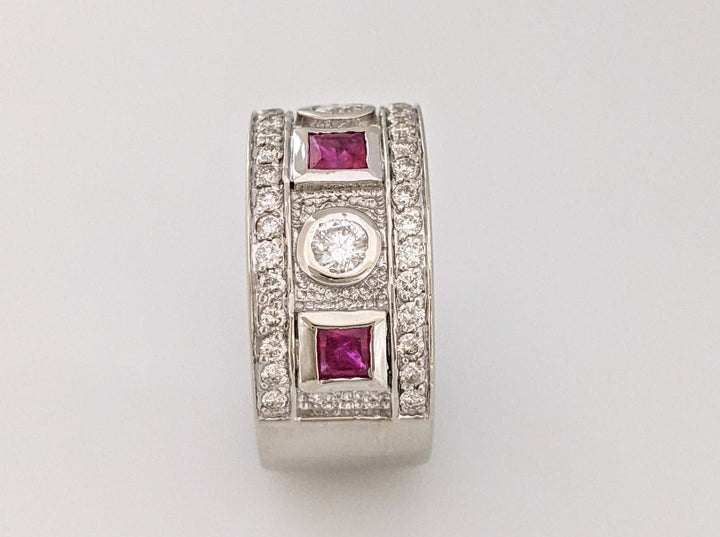 14K WHITE RUBY PRINCESS CUT (3) 3.5MM WITH .90 DIAMOND TOTAL WEIGHT ESTATE BAND 8.9 GRAMS