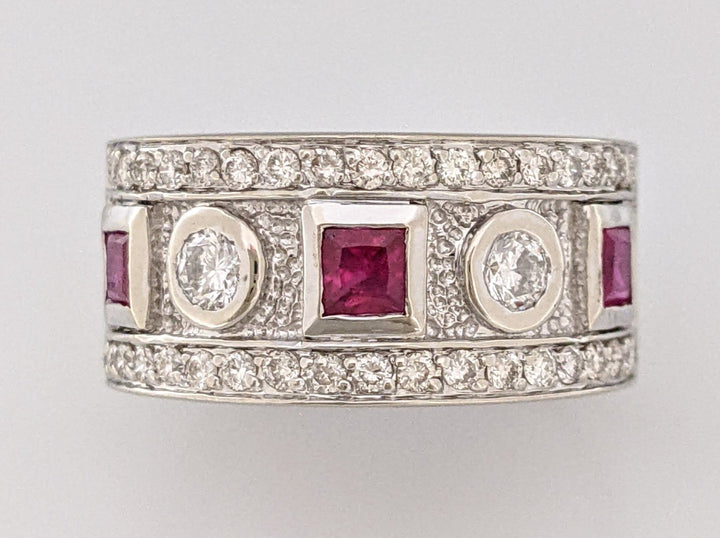 14K WHITE RUBY PRINCESS CUT (3) 3.5MM WITH .90 DIAMOND TOTAL WEIGHT ESTATE BAND 8.9 GRAMS