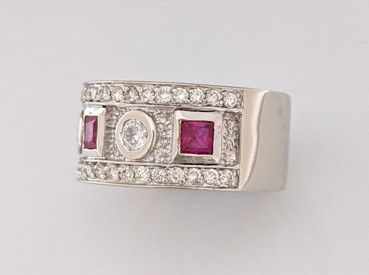 14K WHITE RUBY PRINCESS CUT (3) 3.5MM WITH .90 DIAMOND TOTAL WEIGHT ESTATE BAND 8.9 GRAMS