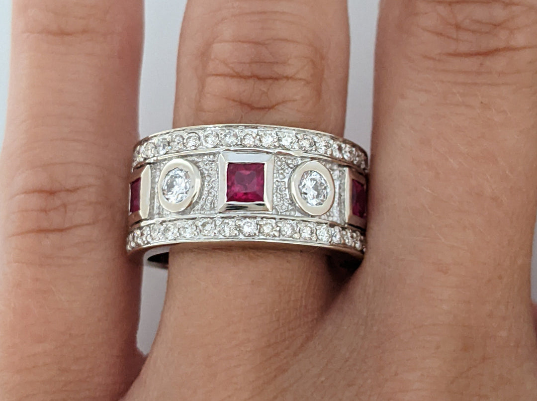 14K WHITE RUBY PRINCESS CUT (3) 3.5MM WITH .90 DIAMOND TOTAL WEIGHT ESTATE BAND 8.9 GRAMS