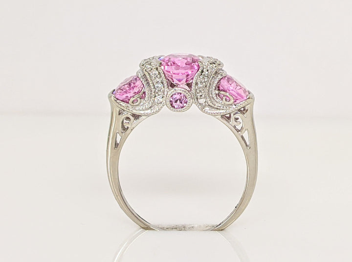 14K WHITE LAB-CREATED PINK SAPPHIRE OVAL (3) WTH .20 DIAMOND TOTAL WEIGHT HALF BEZEL ESTATE RING 4.2 GRAMS