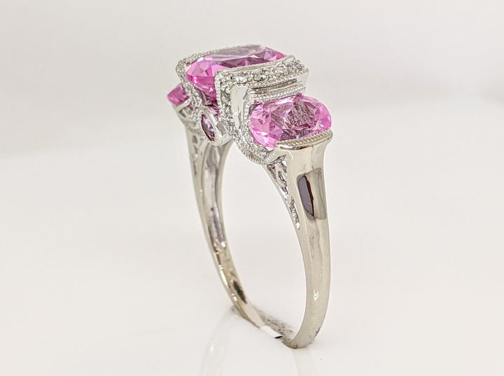 14K WHITE LAB-CREATED PINK SAPPHIRE OVAL (3) WTH .20 DIAMOND TOTAL WEIGHT HALF BEZEL ESTATE RING 4.2 GRAMS